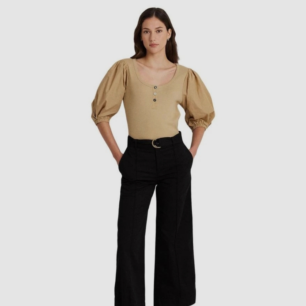 Ralph Lauren Stretch Cotton Puff-Sleeve Henley Tee Like New! Size 1X Birch Tan